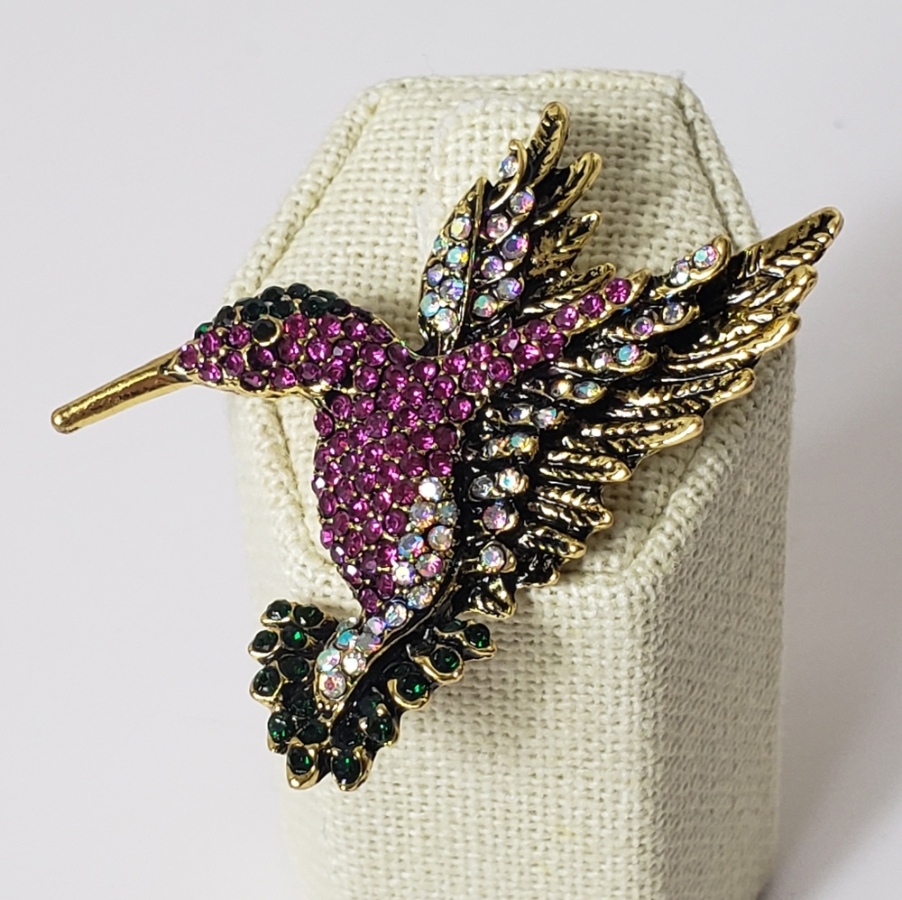 PINK HUMMINGBIRD Rhinestone Embellished Brooch Pin
